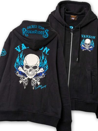 【VANSON】<br>“スカルファイヤー”総刺繍ZIPパーカー〔別注:全国共通カラー〕
