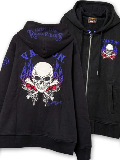 【VANSON】<br>“スカルファイヤー”総刺繍ZIPパーカー〔別注:北海道・九州・オンラインショップ限定カラー〕