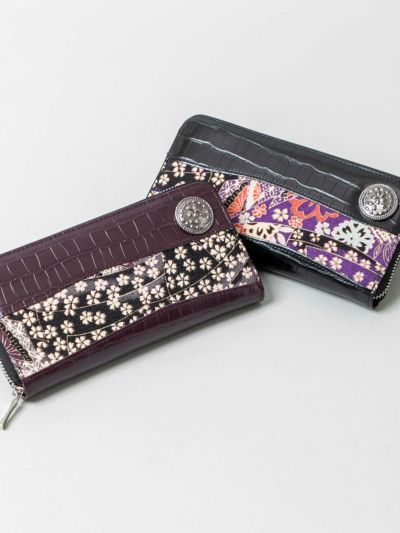 【雅結】<br>ちりめん×クロコ切替コンチョ付きZIPロングウォレット