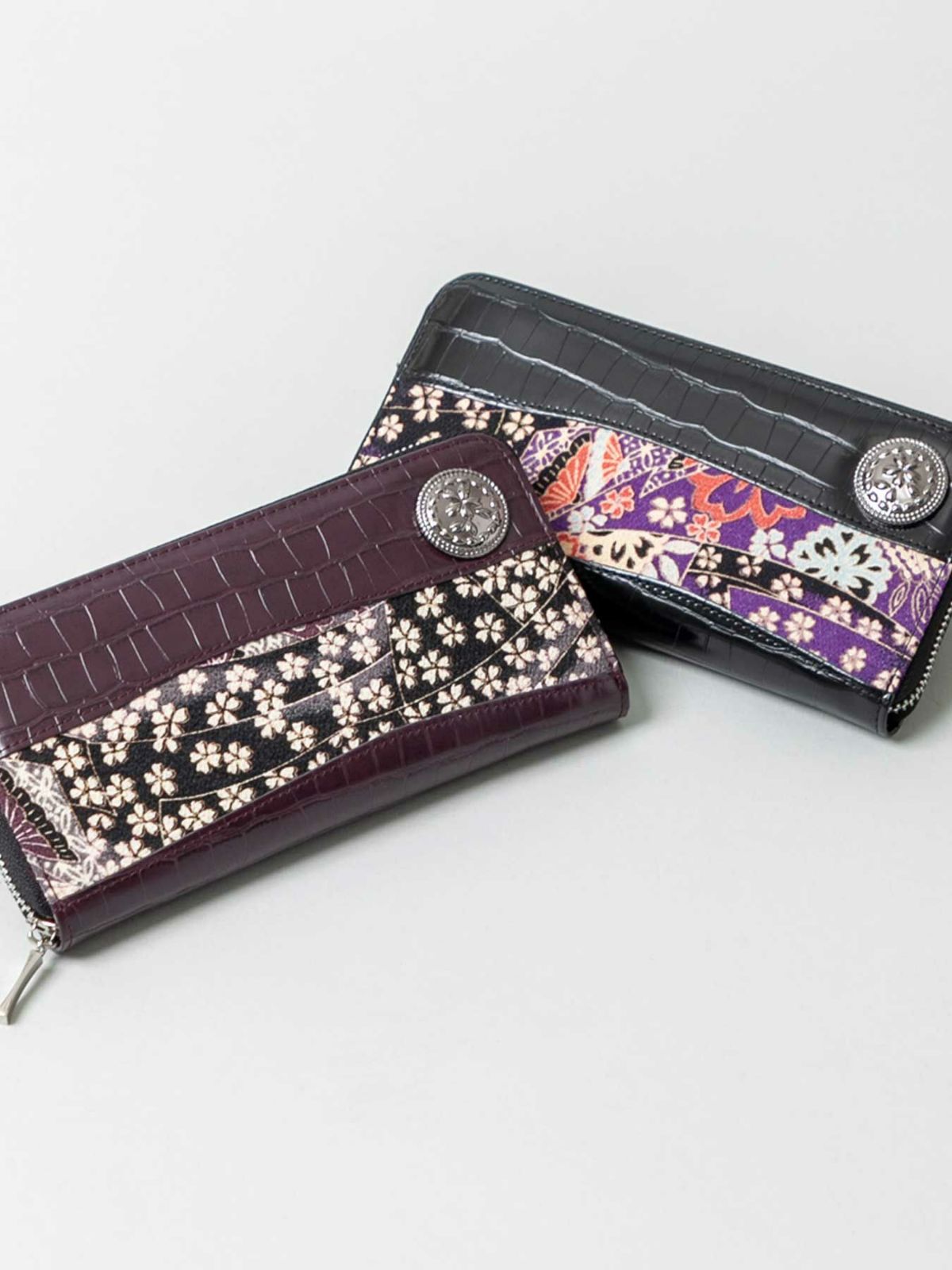 【雅結】ちりめん×クロコ切替コンチョ付きZIPロングウォレット