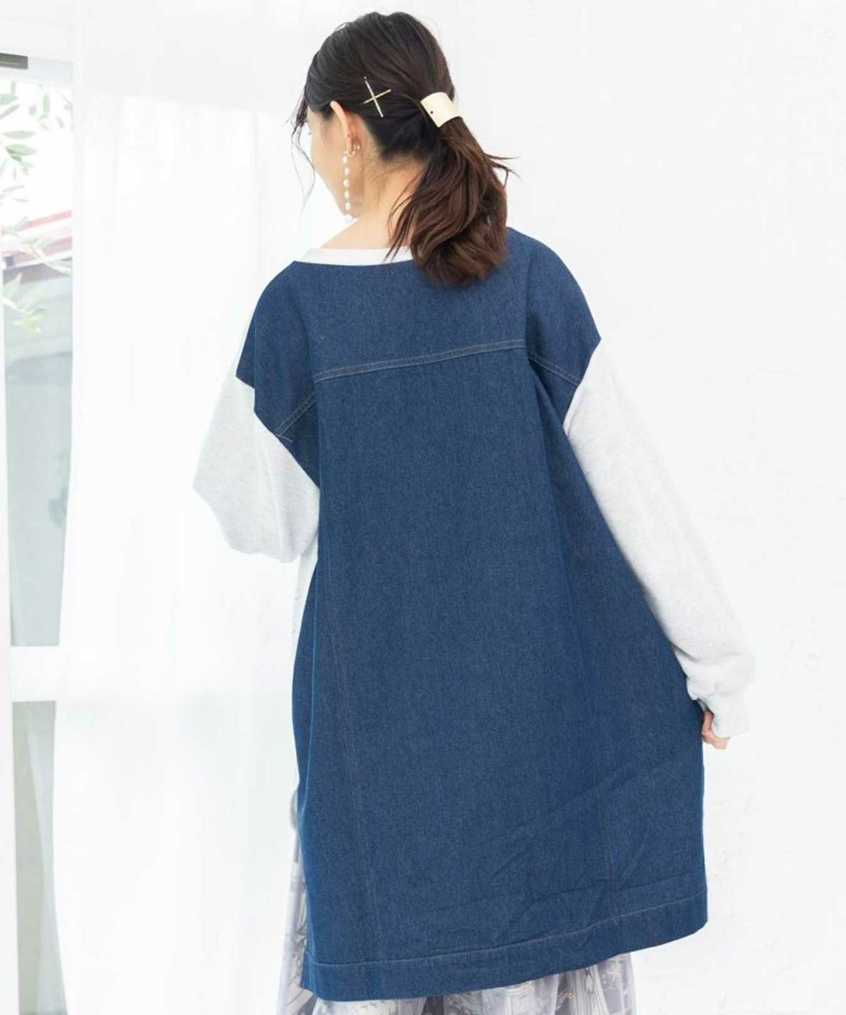 【iS ScoLar】<br>天燈節とピアノ柄 デニム切替裏毛ワンピース