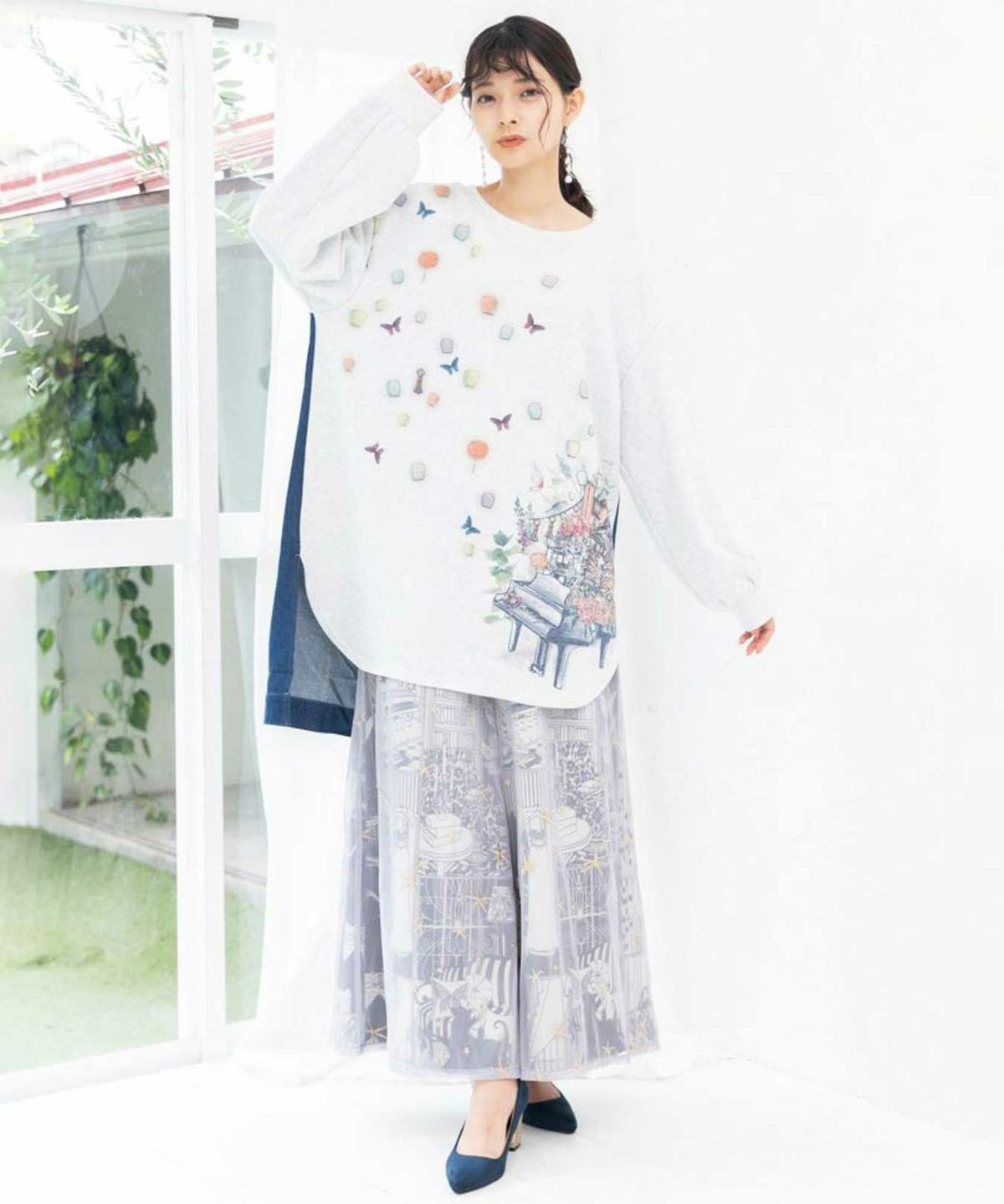 【iS ScoLar】<br>天燈節とピアノ柄 デニム切替裏毛ワンピース