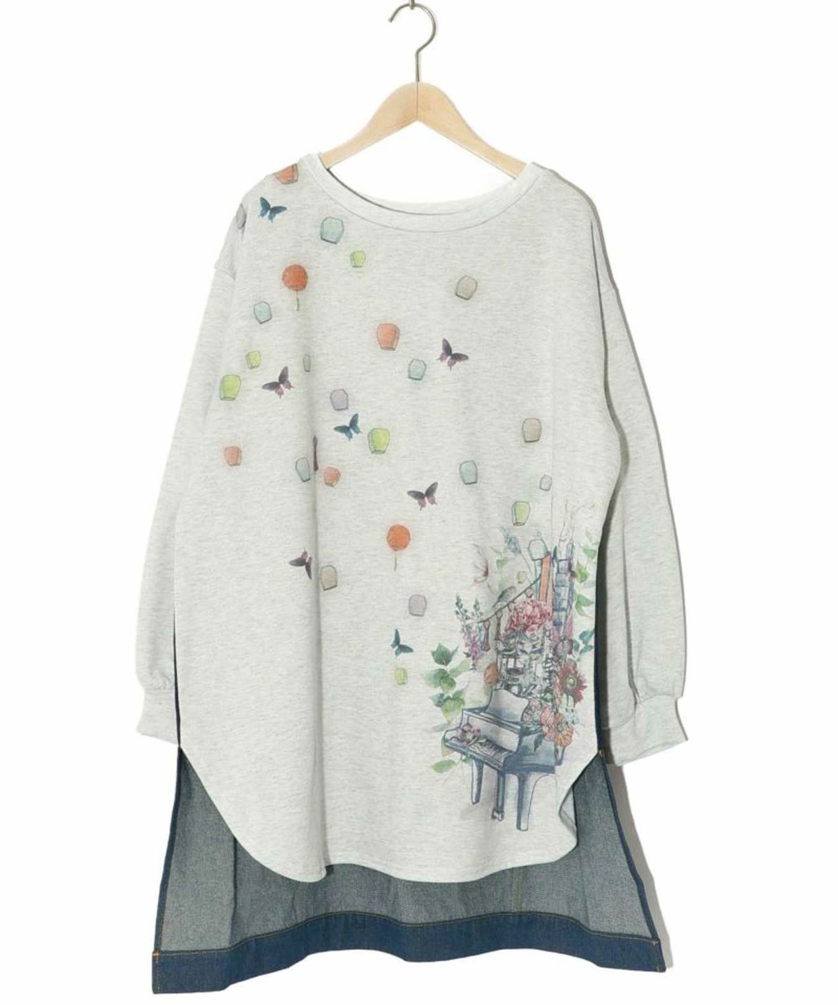 【iS ScoLar】<br>天燈節とピアノ柄 デニム切替裏毛ワンピース