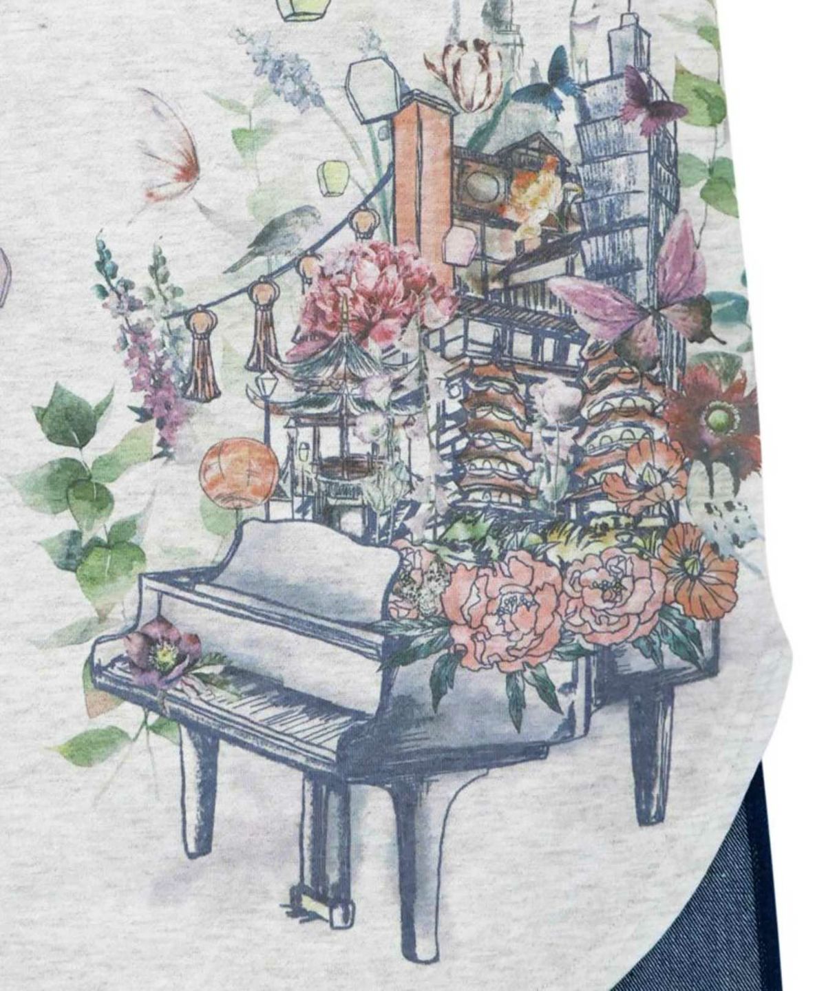 【iS ScoLar】<br>天燈節とピアノ柄 デニム切替裏毛ワンピース