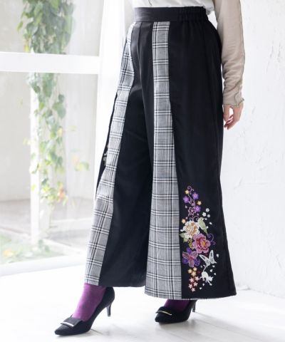≪20%OFF≫【雅結×iS ScoLar】<br>コラボ 和風刺繍チェック切替パンツ≪返品・取寄対応不可≫