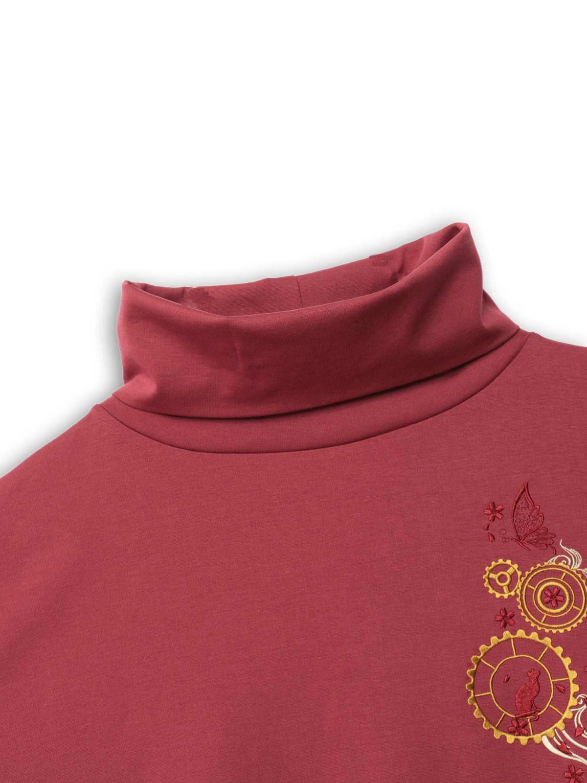 【雅結 -YuU-】猫と歯車刺繍オフタートルイレヘムチュニック