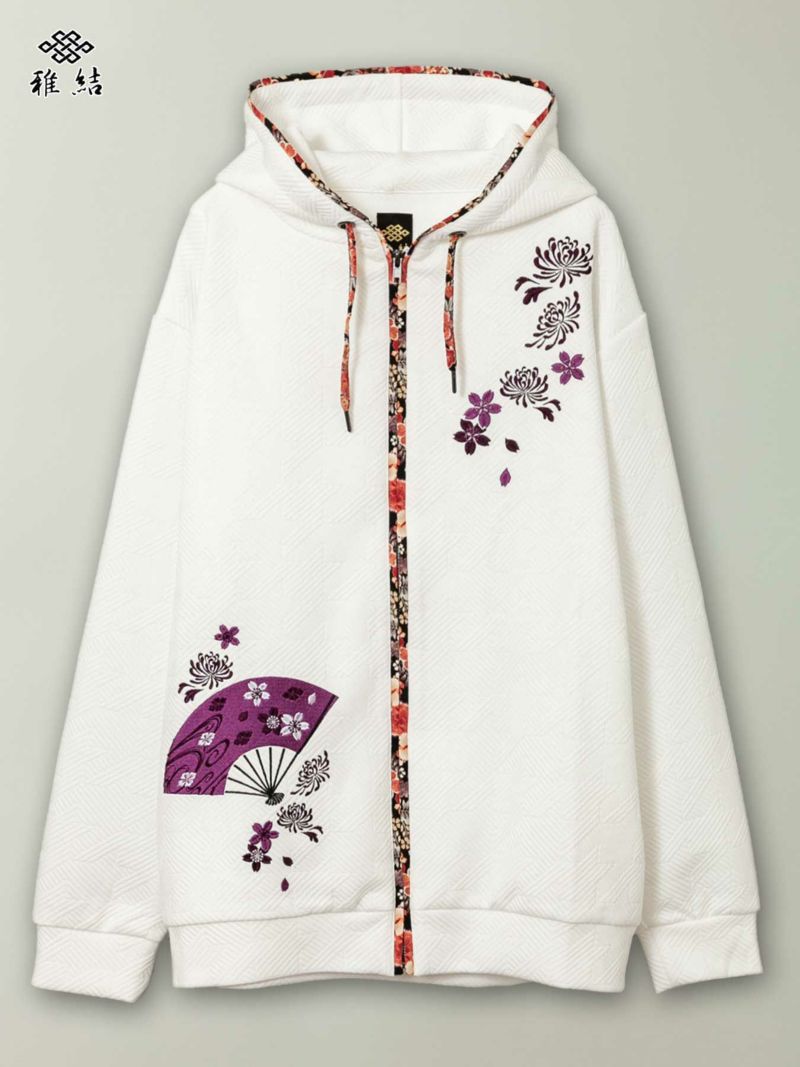 【雅結】“菊と桜”総刺繍ふくれジャガード素材 和生地遣いZIPパーカー