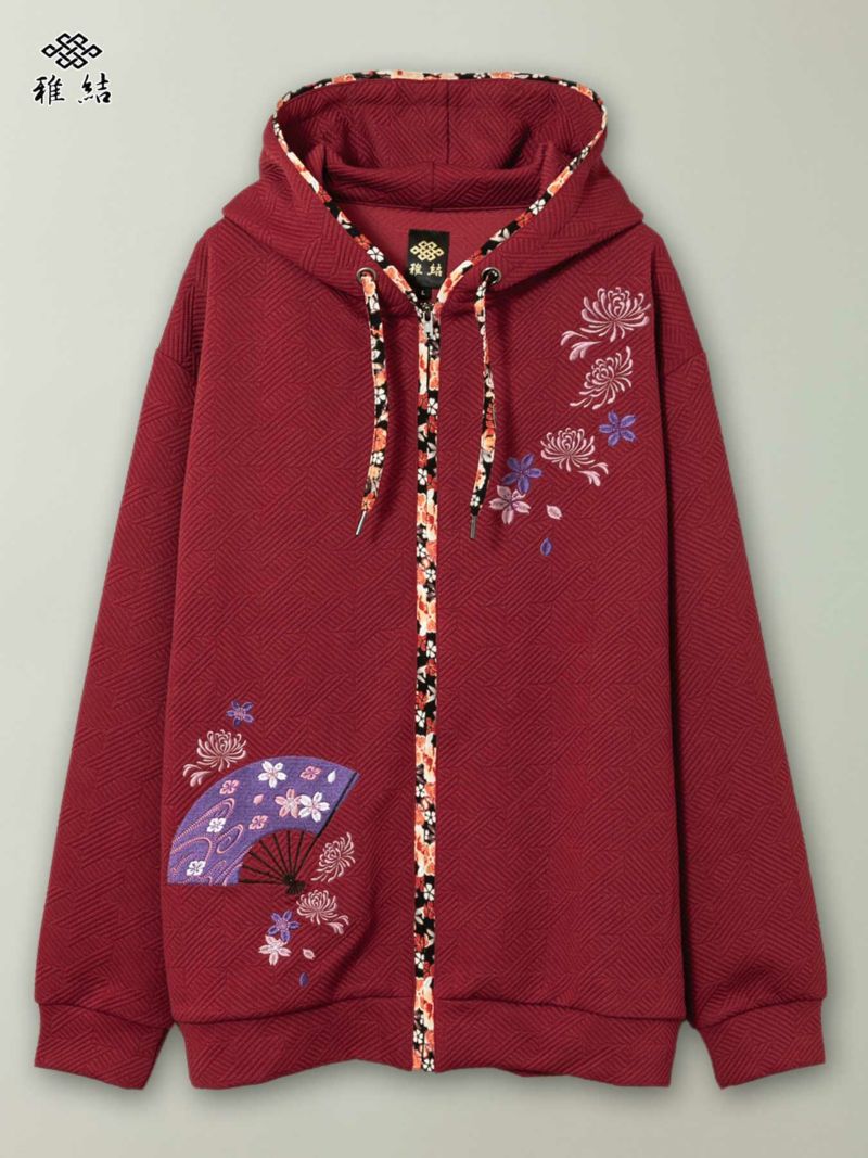 【雅結】“菊と桜”総刺繍ふくれジャガード素材 和生地遣いZIPパーカー