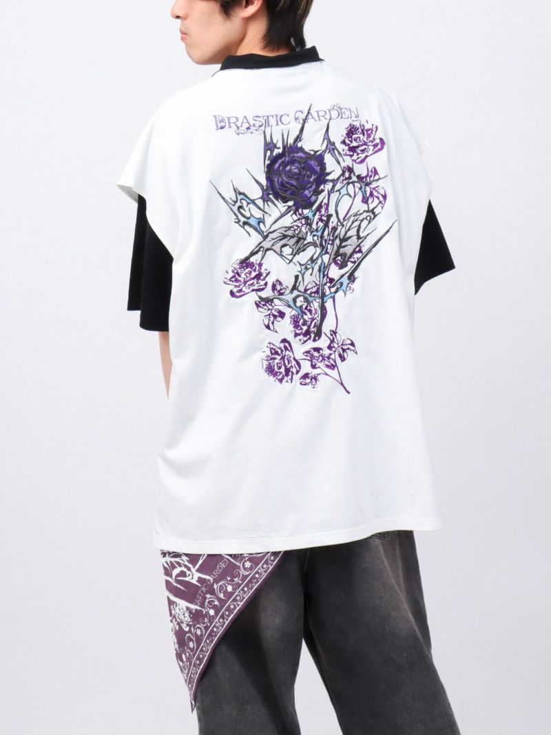 【DRASTIC GARDEN】“稲妻の薔薇”総刺繍ハーフジップベスト×バンダナTシャツ アンサンブル