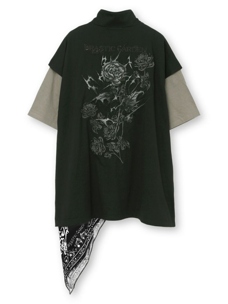 【DRASTIC GARDEN】“稲妻の薔薇”総刺繍ハーフジップベスト×バンダナTシャツ アンサンブル