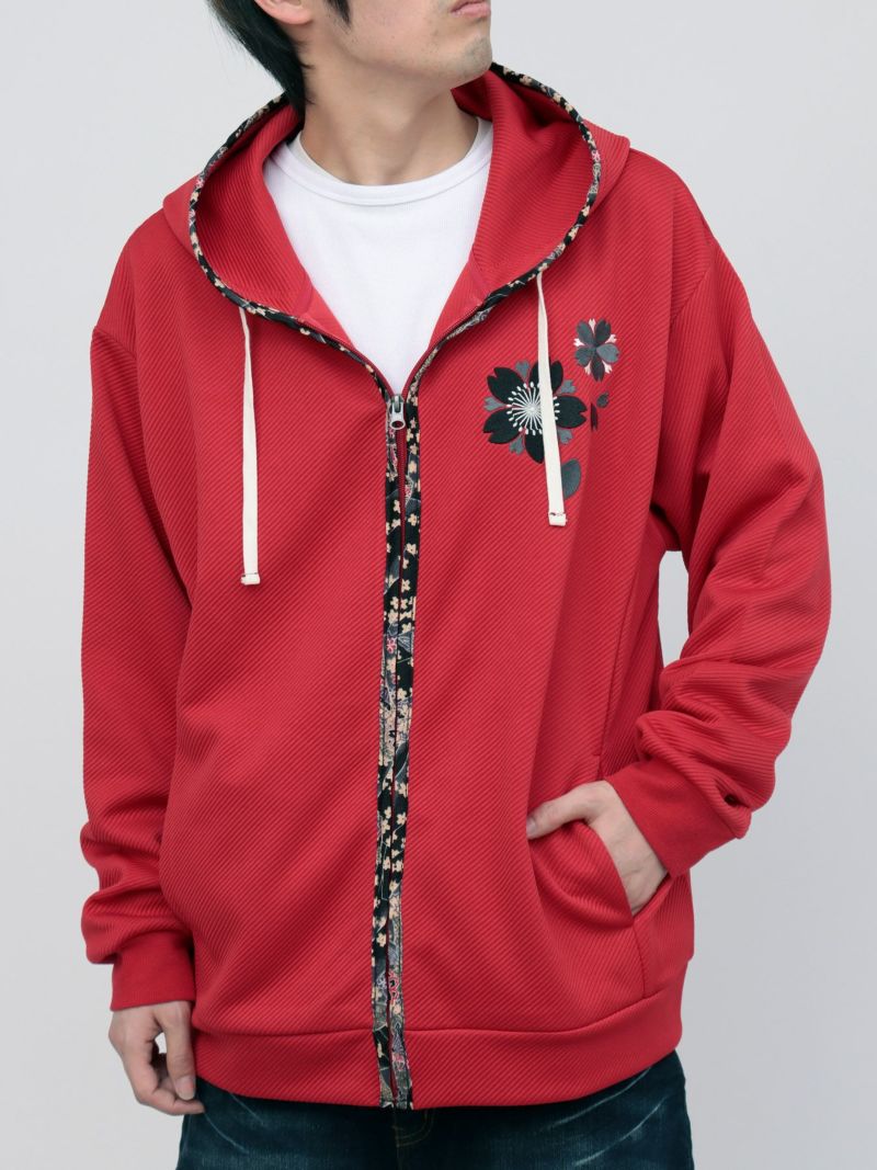 ≪25%OFF≫【雅結】桜刺繍ふくれジャガード素材 和生地遣いZIPパーカー
