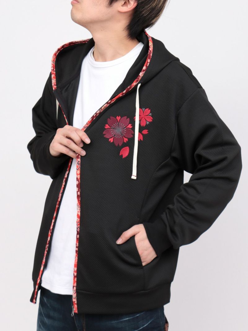 【雅結】桜刺繍ふくれジャガード素材 和生地遣いZIPパーカー