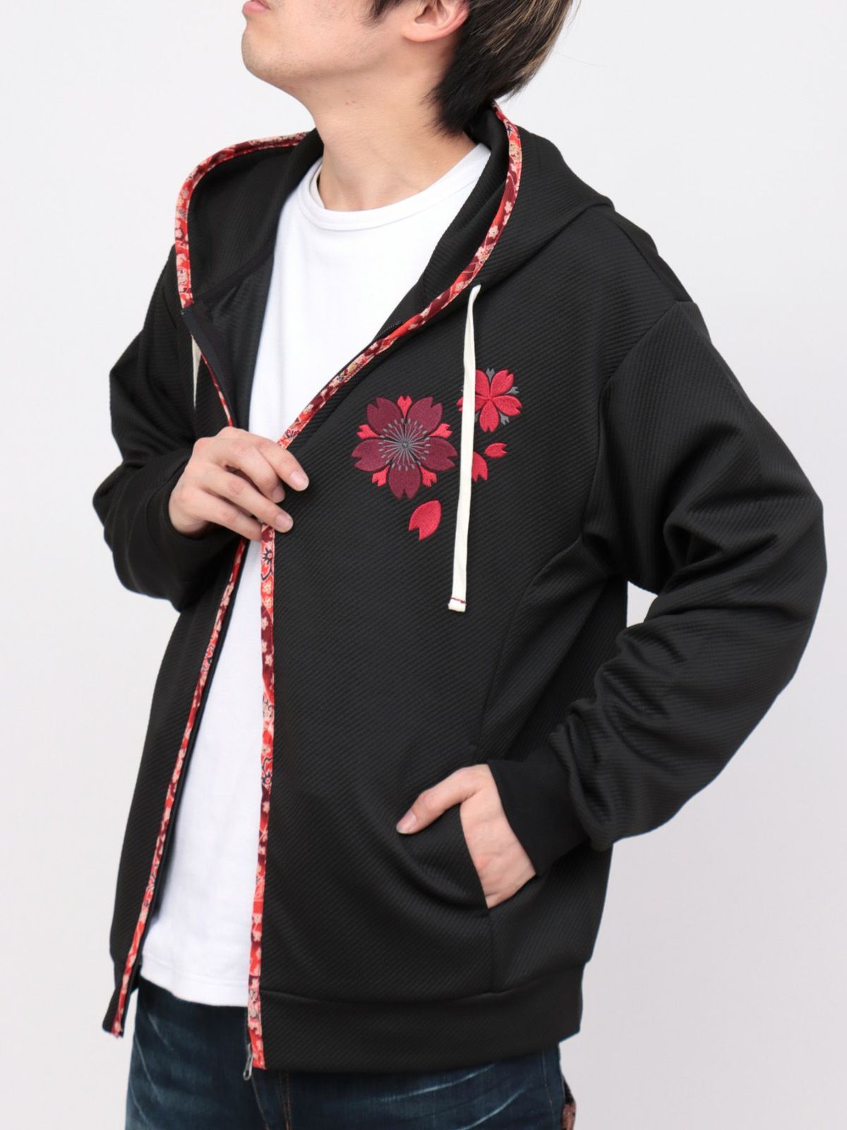 【雅結】桜刺繍ふくれジャガード素材 和生地遣いZIPパーカー