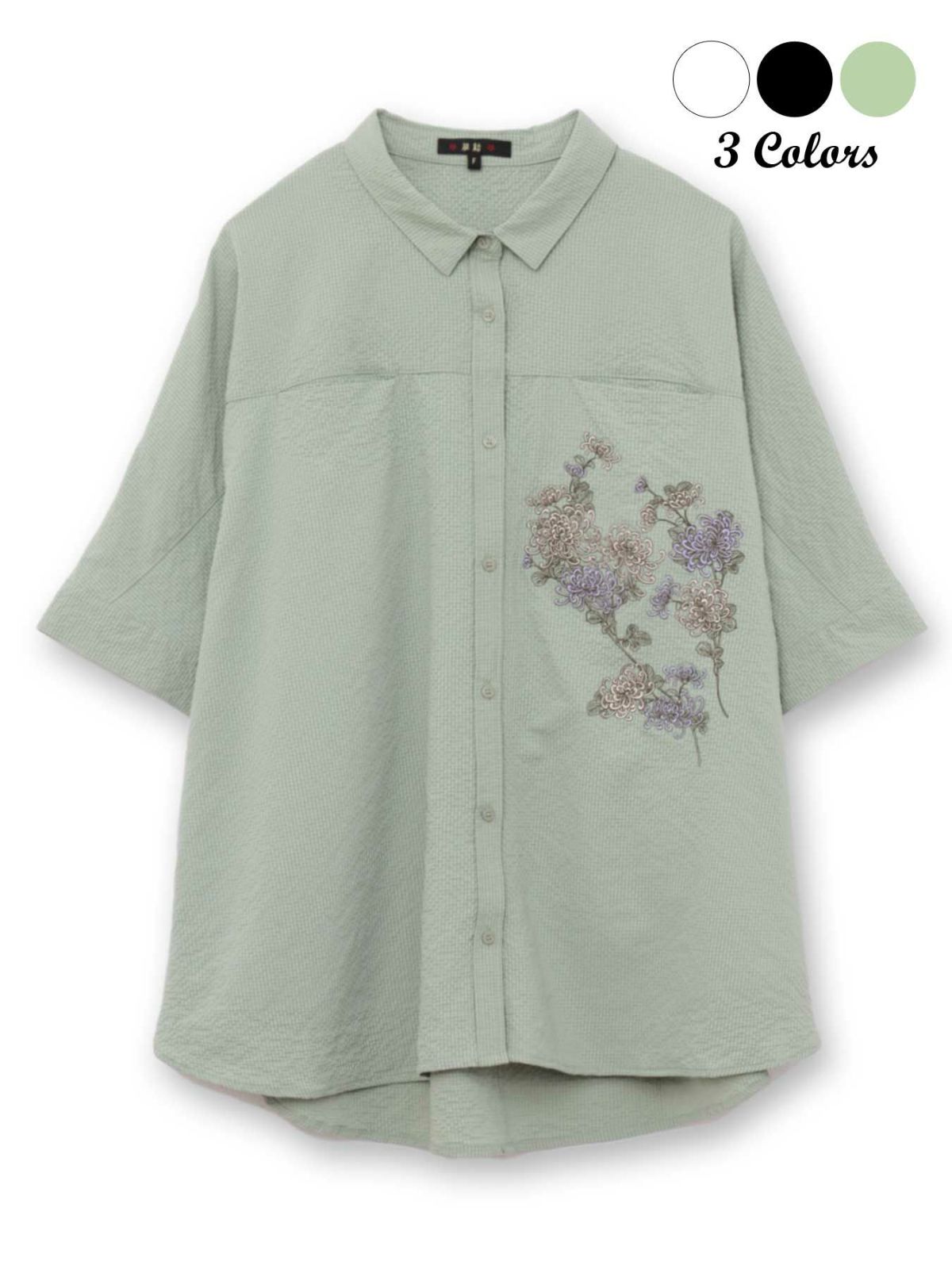 【雅結】菊刺繍サッカー素材ドルマンシャツ