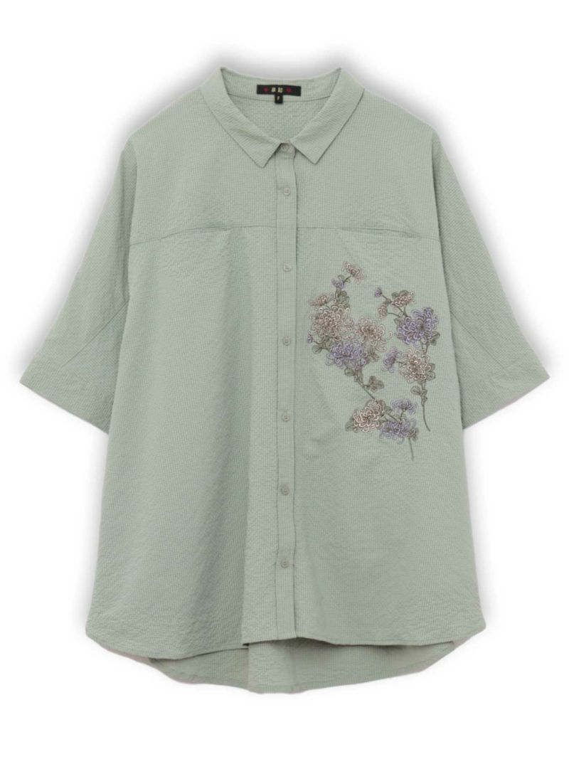 【雅結】菊刺繍サッカー素材ドルマンシャツ