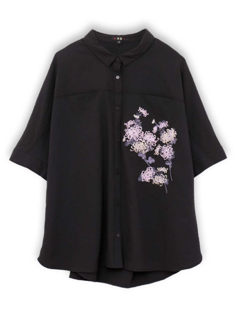 【雅結】菊刺繍サッカー素材ドルマンシャツ