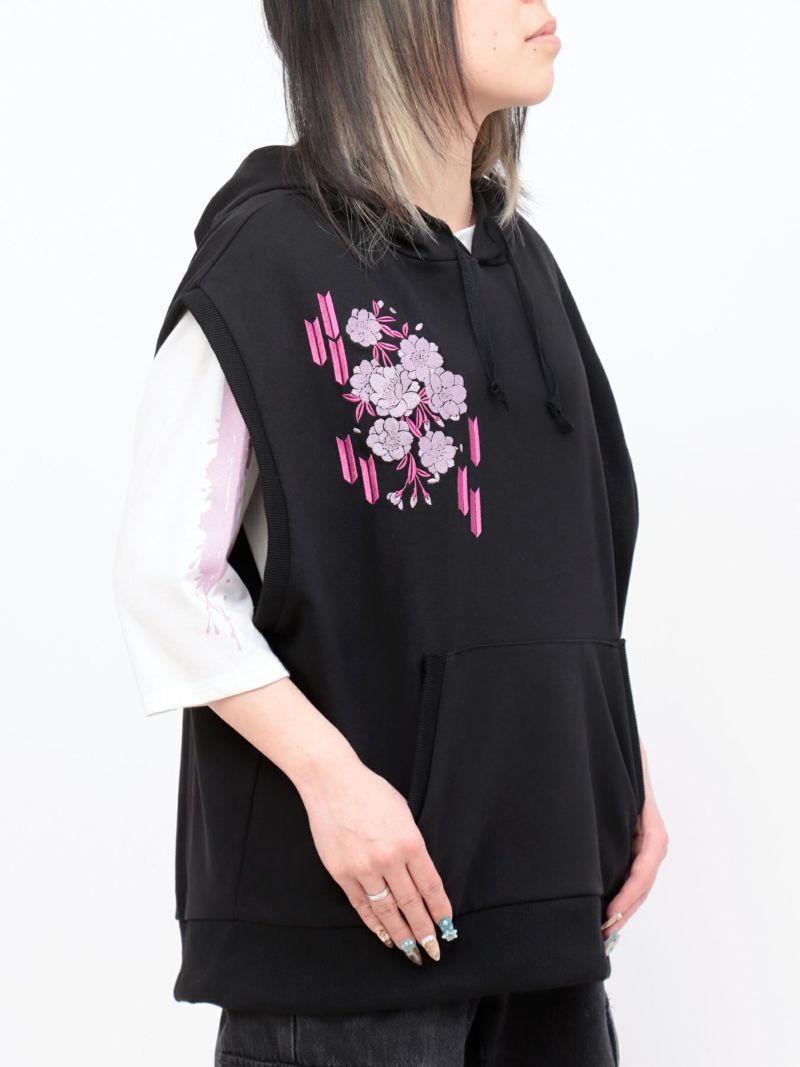 【雅結】矢絣と桜刺繍フードベスト×7分袖Tシャツ アンサンブル