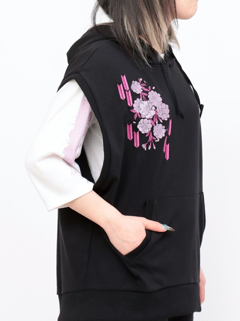 【雅結】矢絣と桜刺繍フードベスト×7分袖Tシャツ アンサンブル