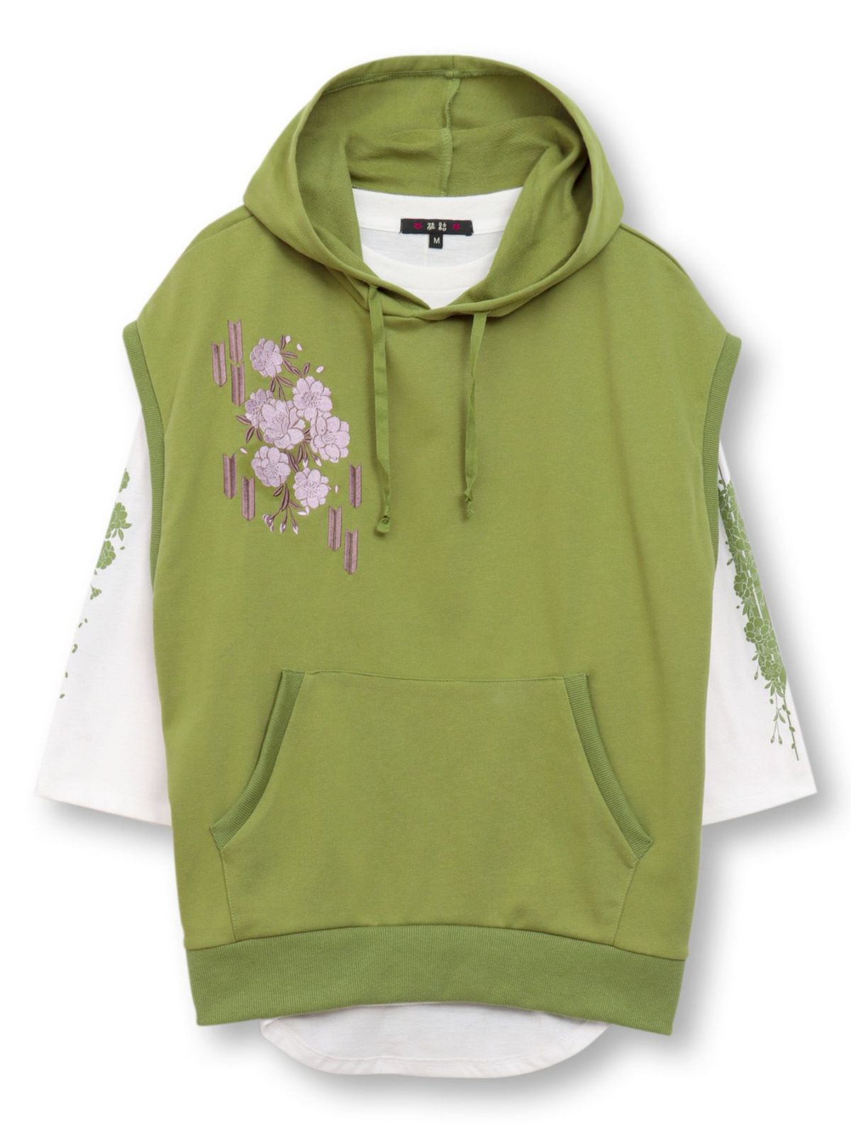 【雅結】矢絣と桜刺繍フードベスト×7分袖Tシャツ アンサンブル