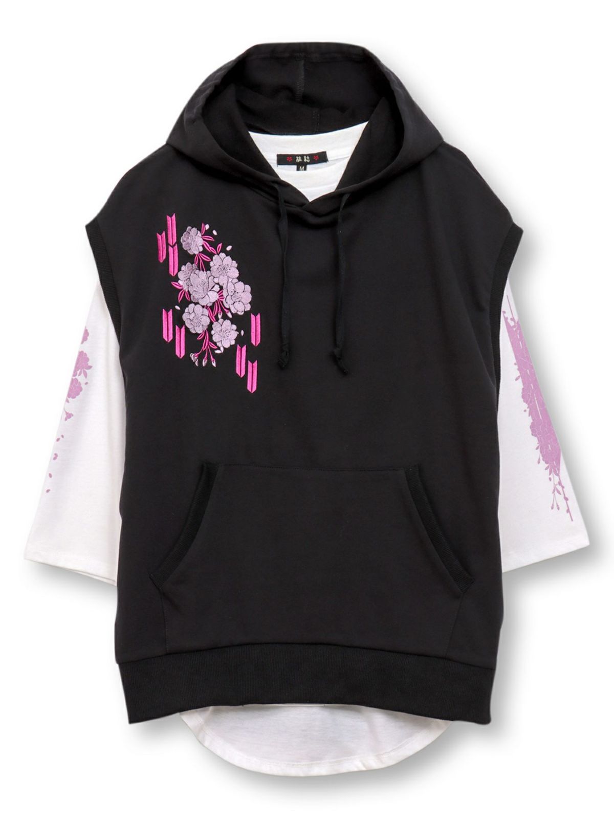 【雅結】矢絣と桜刺繍フードベスト×7分袖Tシャツ アンサンブル