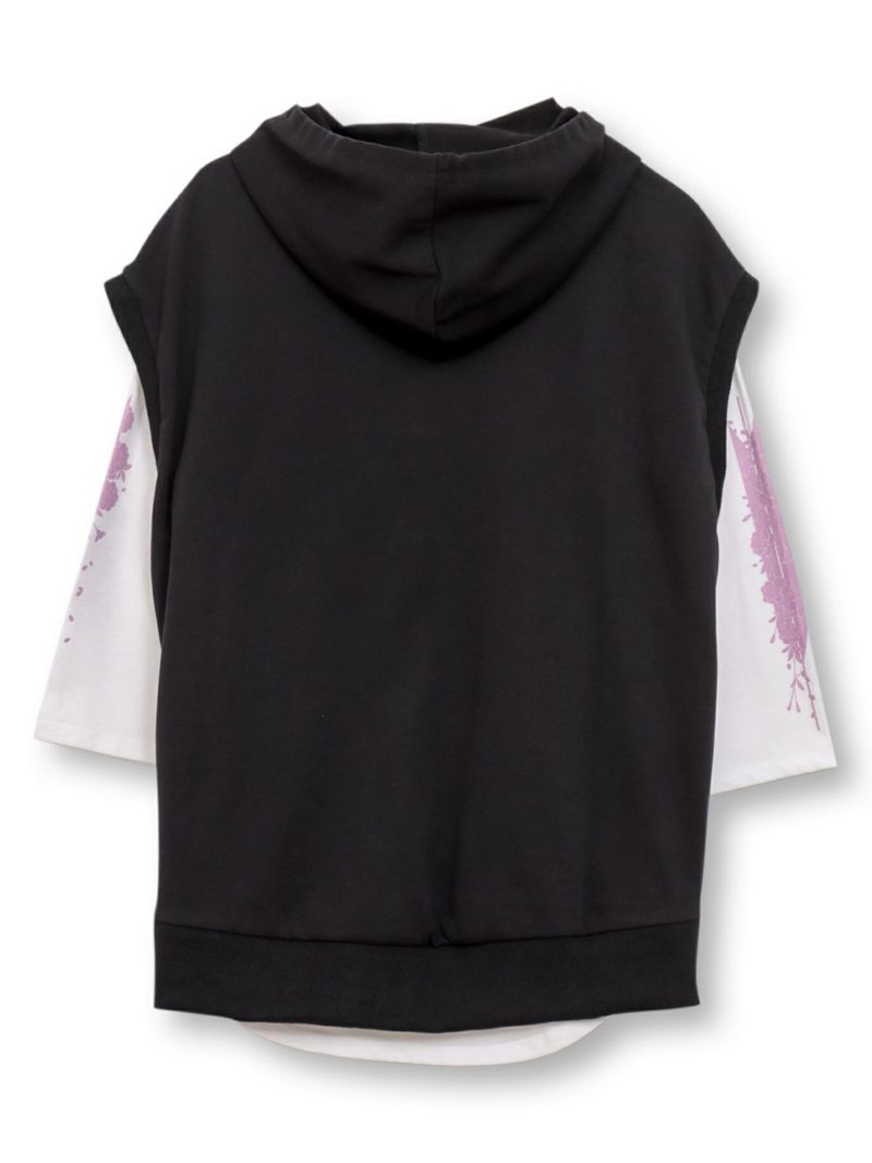 【雅結】矢絣と桜刺繍フードベスト×7分袖Tシャツ アンサンブル