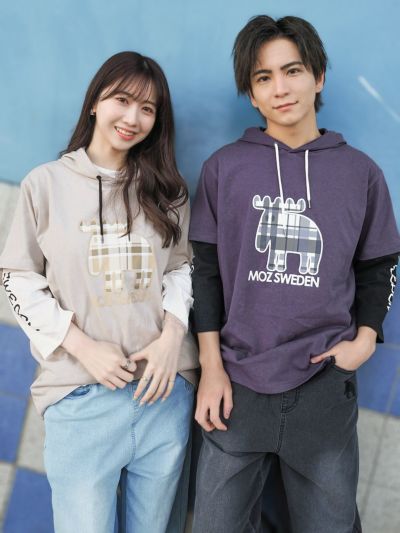 【moz】<br>チェックエルクプリント 半袖TEEパーカー×7分袖Tシャツ アンサンブル〔別注〕