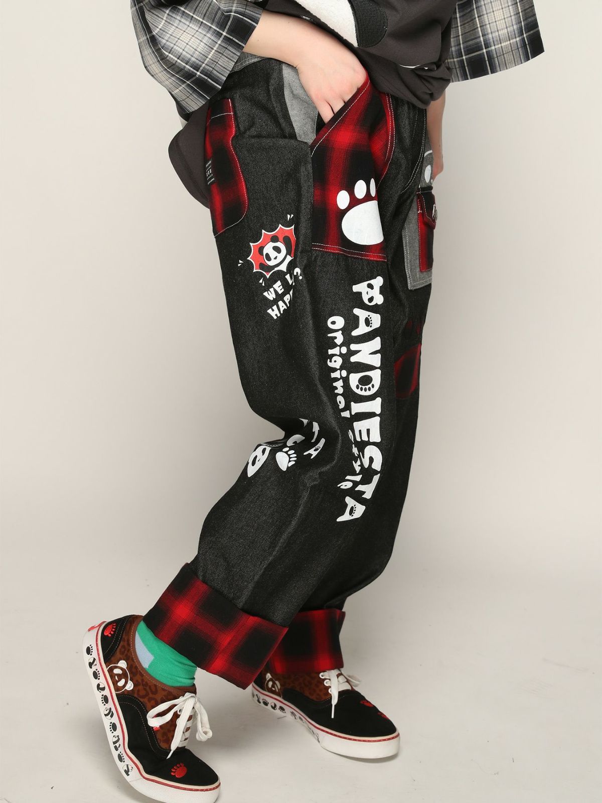 【PANDIESTA JAPAN】チェック切替ワイドデニムパンツ〔別注〕