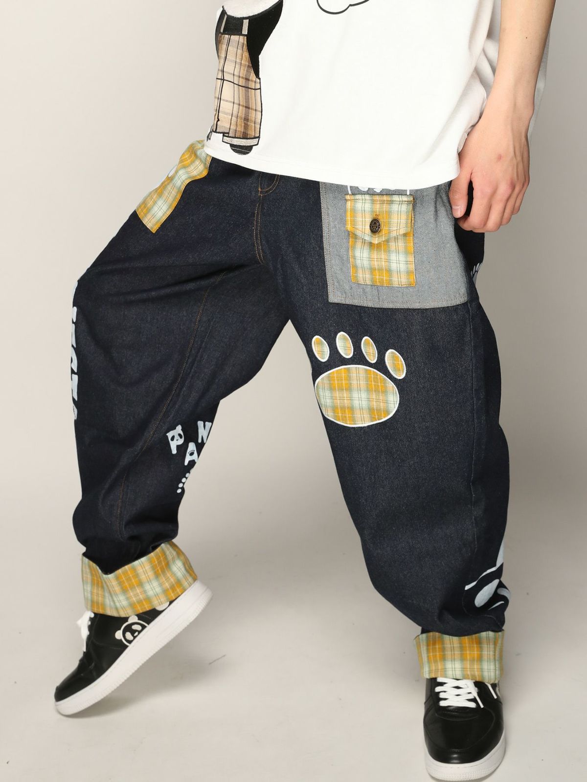 【PANDIESTA JAPAN】チェック切替ワイドデニムパンツ〔別注〕