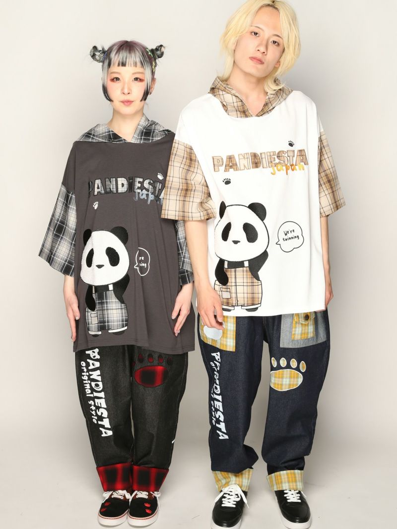【PANDIESTA JAPAN】チェック切替ワイドデニムパンツ〔別注〕