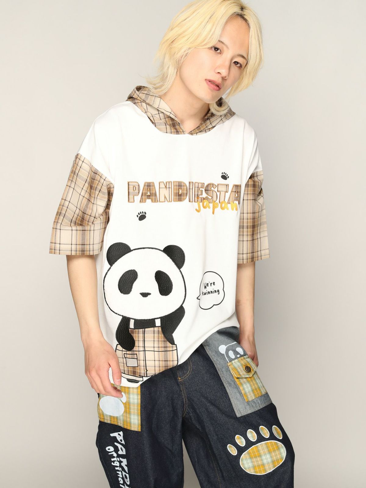 【PANDIESTA JAPAN】チェック切替BIGシルエット プルパーカー