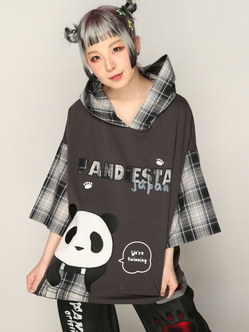 【PANDIESTA JAPAN】チェック切替BIGシルエット プルパーカー