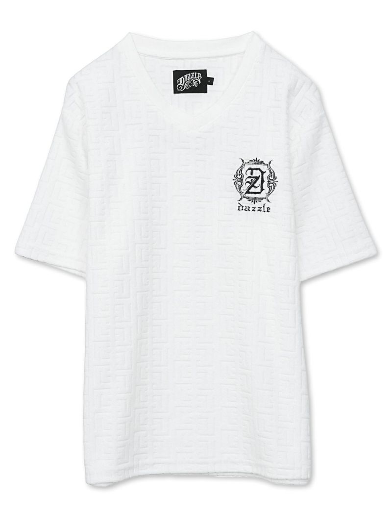 【DAZZLE】 ジャガード総柄パイル素材VネックTシャツ