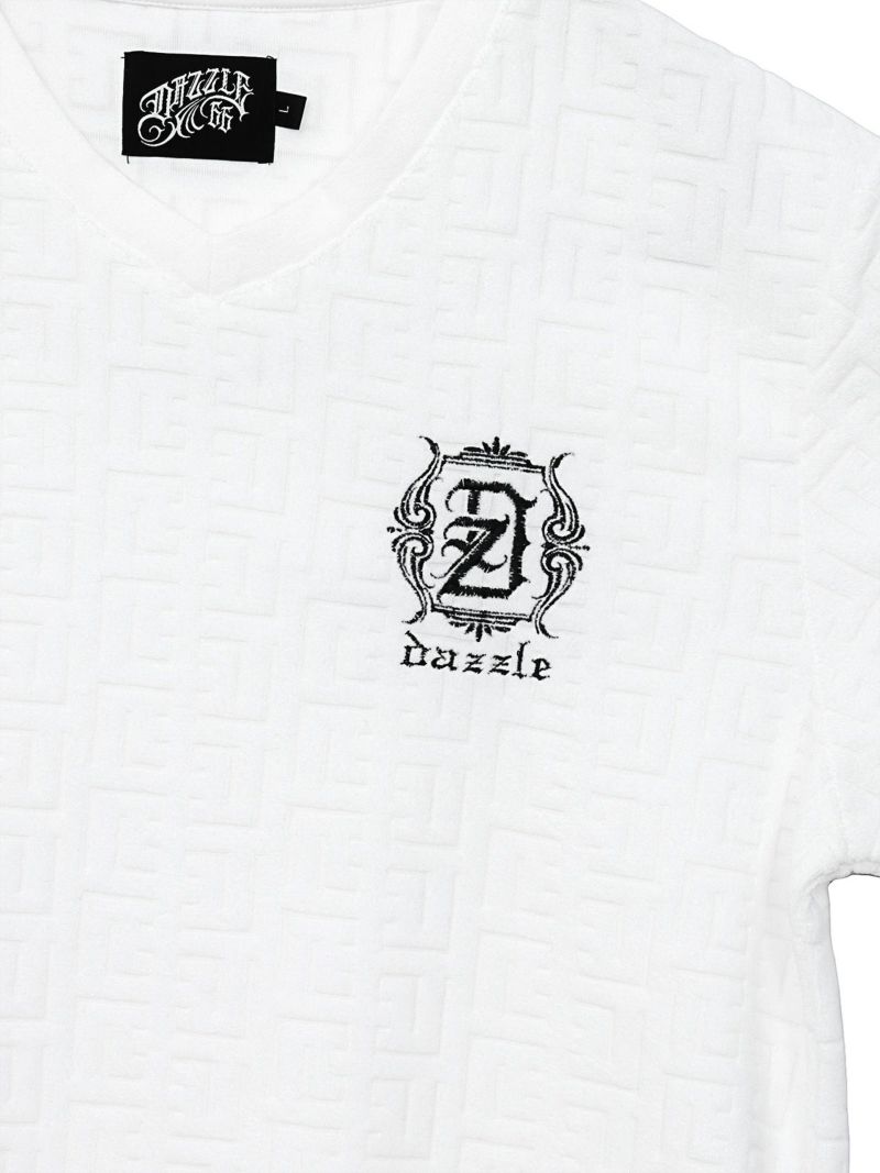 【DAZZLE】 ジャガード総柄パイル素材VネックTシャツ