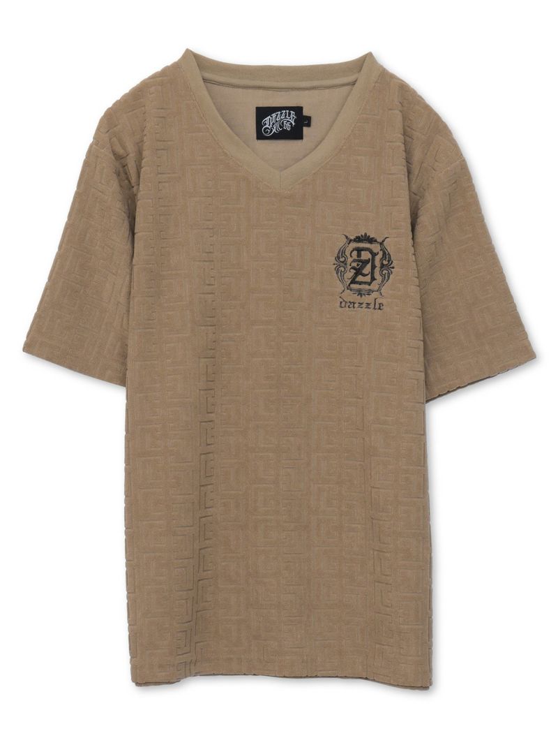 【DAZZLE】 ジャガード総柄パイル素材VネックTシャツ