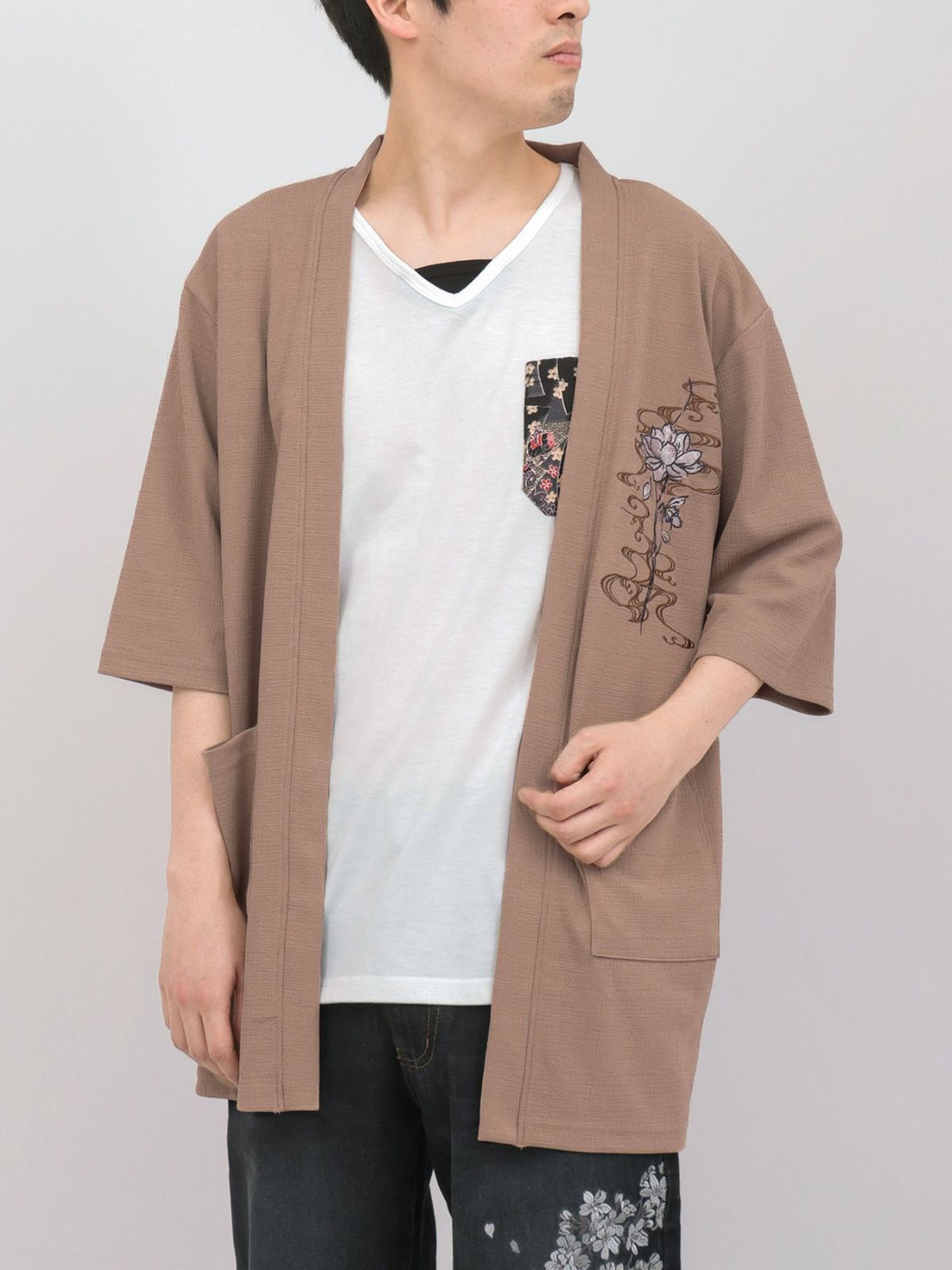 【雅結】蓮流水刺繍 6分袖カーディガン×ポケットTシャツ アンサンブル