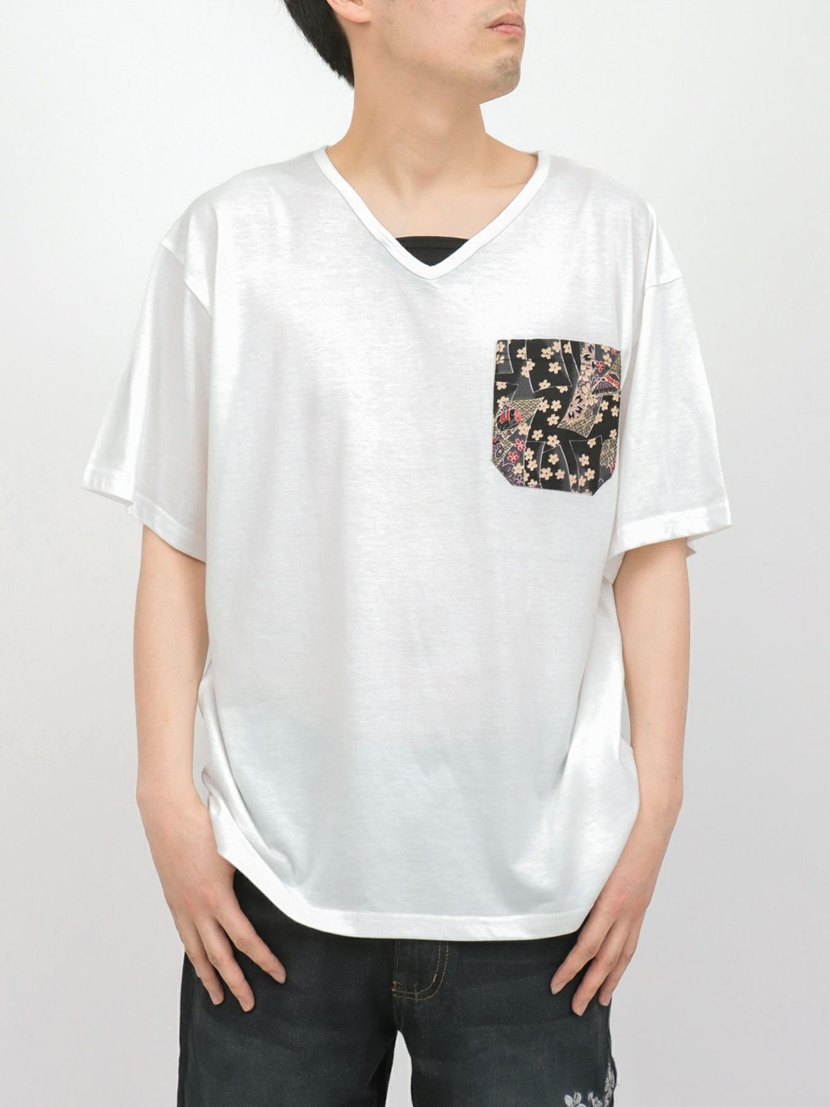 【雅結】蓮流水刺繍 6分袖カーディガン×ポケットTシャツ アンサンブル