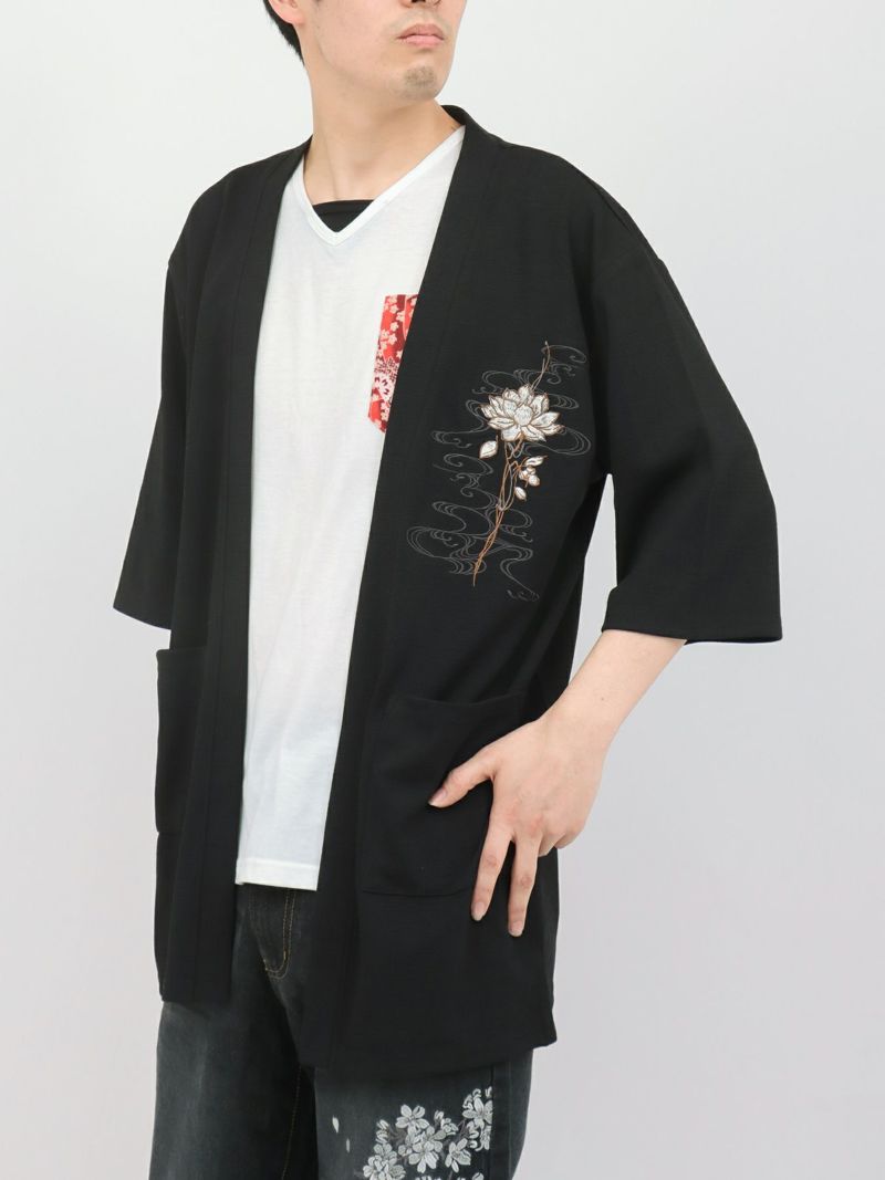 【雅結】蓮流水刺繍 6分袖カーディガン×ポケットTシャツ アンサンブル