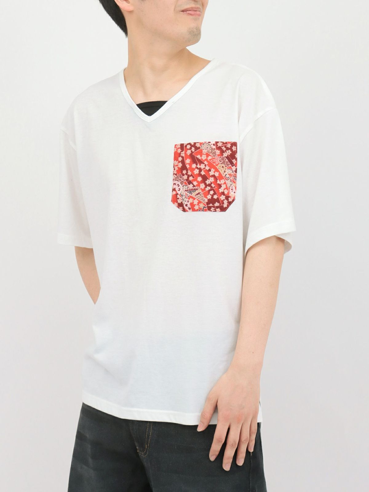 【雅結】蓮流水刺繍 6分袖カーディガン×ポケットTシャツ アンサンブル