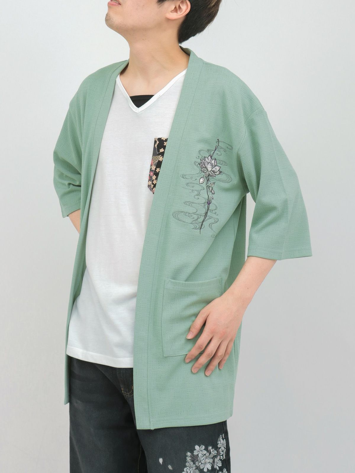 【雅結】蓮流水刺繍 6分袖カーディガン×ポケットTシャツ アンサンブル