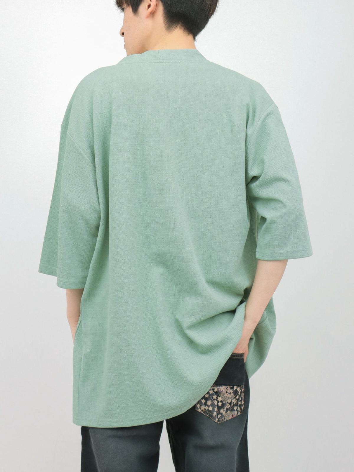 【雅結】蓮流水刺繍 6分袖カーディガン×ポケットTシャツ アンサンブル