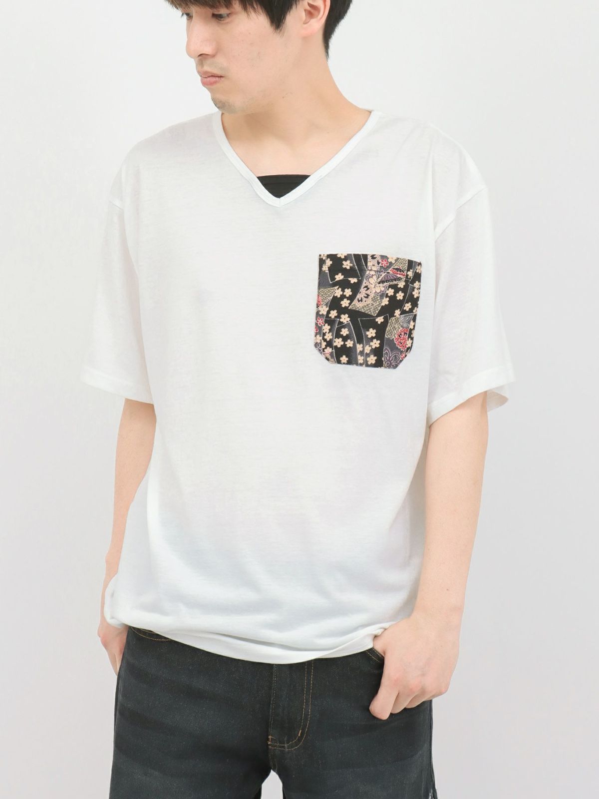 【雅結】蓮流水刺繍 6分袖カーディガン×ポケットTシャツ アンサンブル