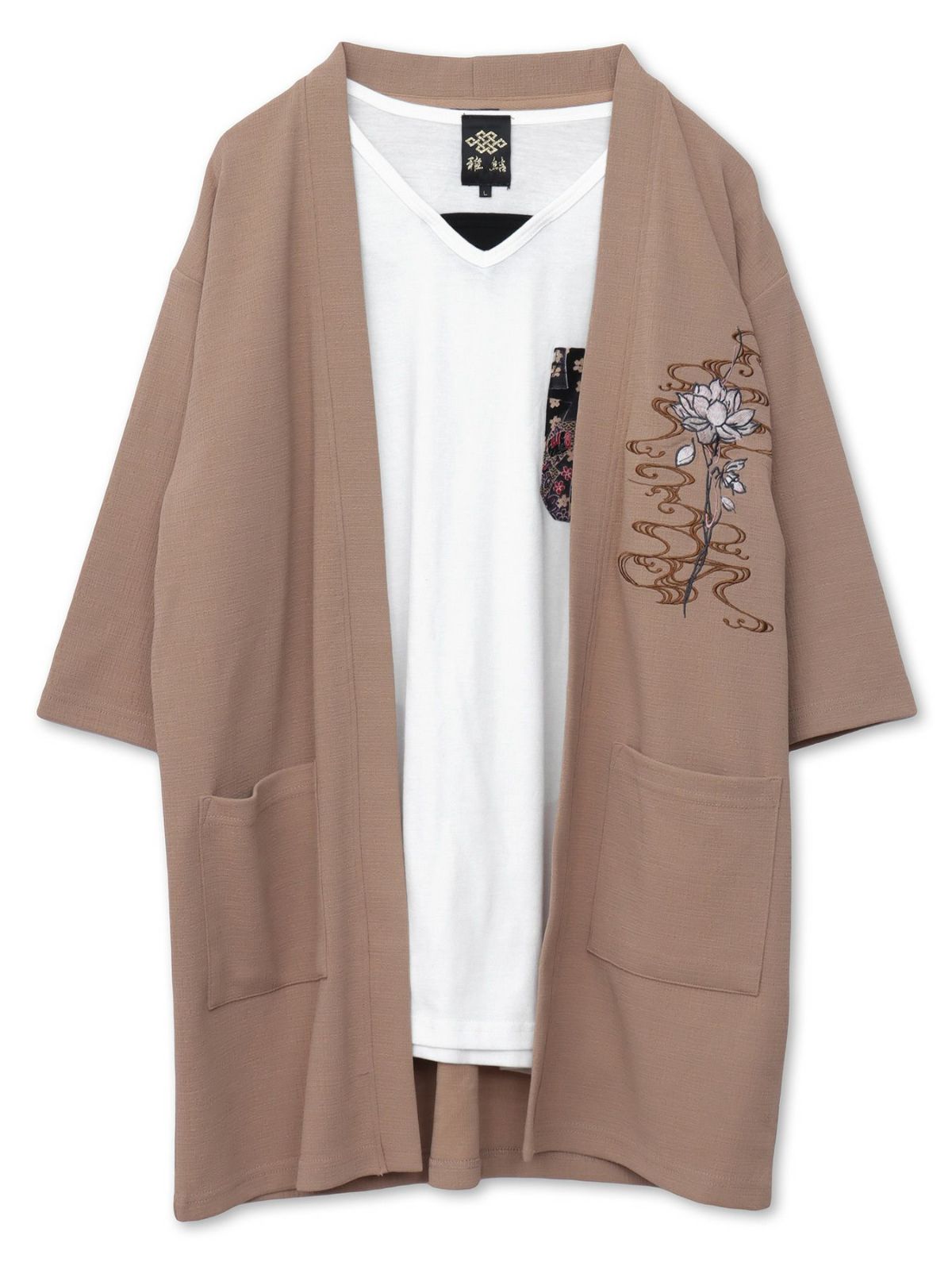 【雅結】蓮流水刺繍 6分袖カーディガン×ポケットTシャツ アンサンブル