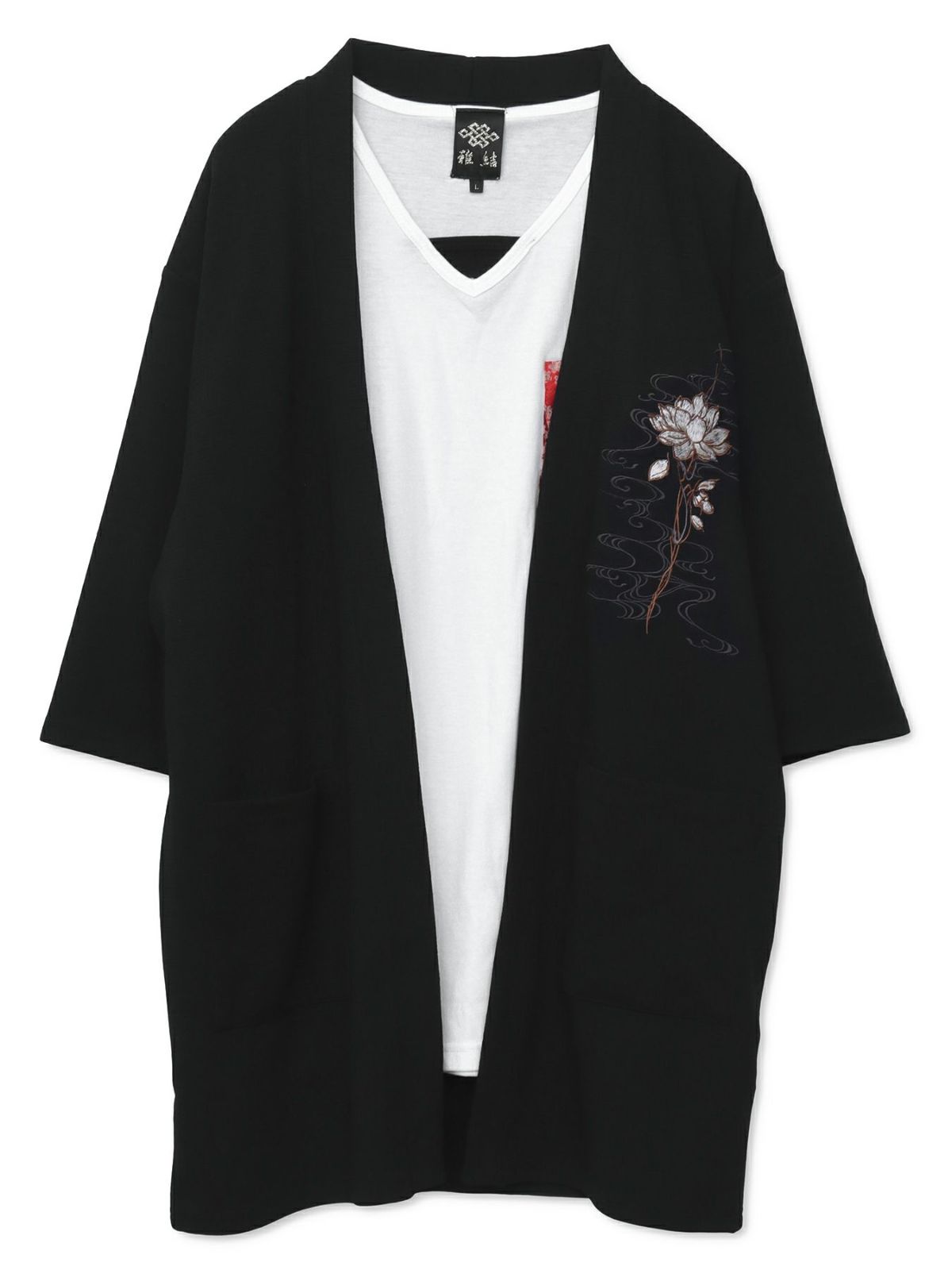 【雅結】蓮流水刺繍 6分袖カーディガン×ポケットTシャツ アンサンブル