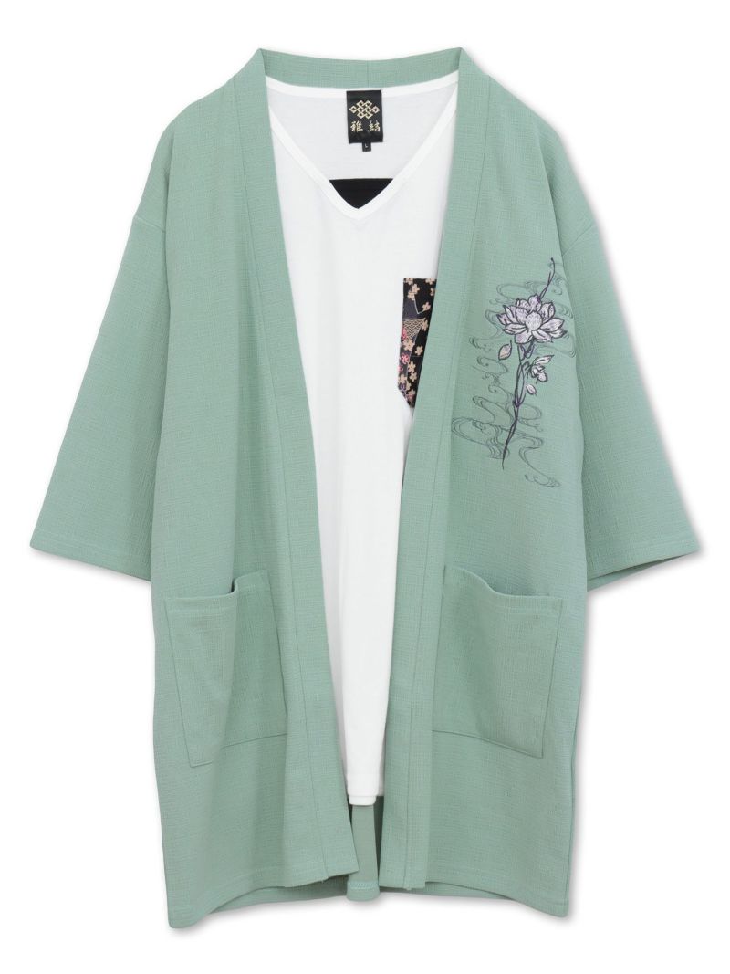 【雅結】蓮流水刺繍 6分袖カーディガン×ポケットTシャツ アンサンブル