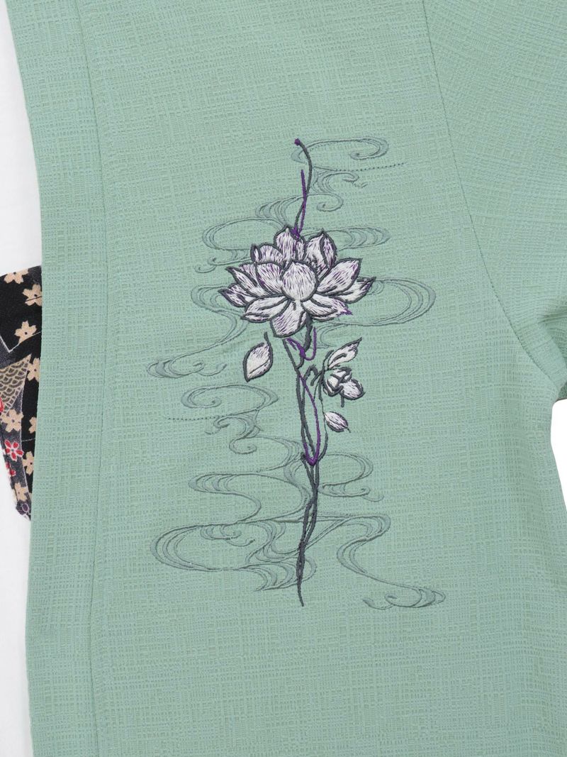 【雅結】蓮流水刺繍 6分袖カーディガン×ポケットTシャツ アンサンブル