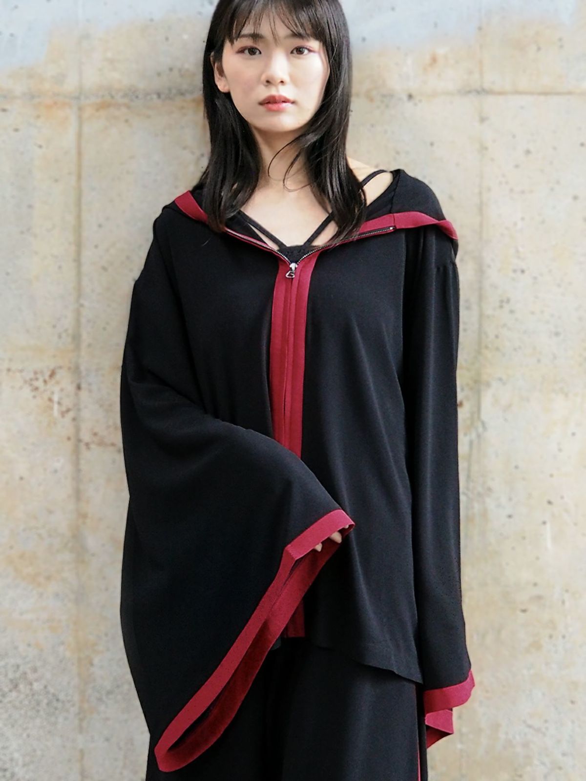 【雅結 -EN-】彼岸花刺繍 配色切替キモノスリーブZIPパーカー