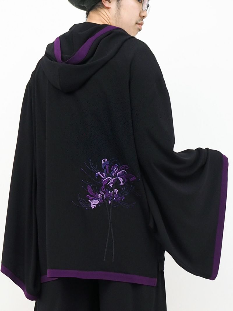 【雅結 -EN-】彼岸花刺繍 配色切替キモノスリーブZIPパーカー