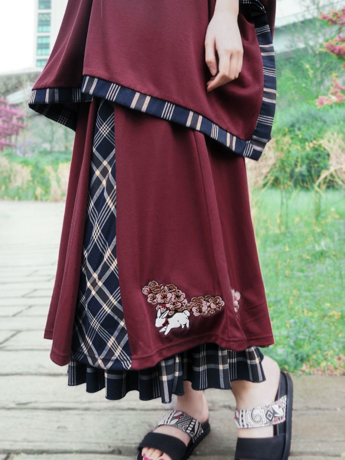 【雅結 -YuU-】“白ウサギと黒ネコ”チェック切替ロングスカート