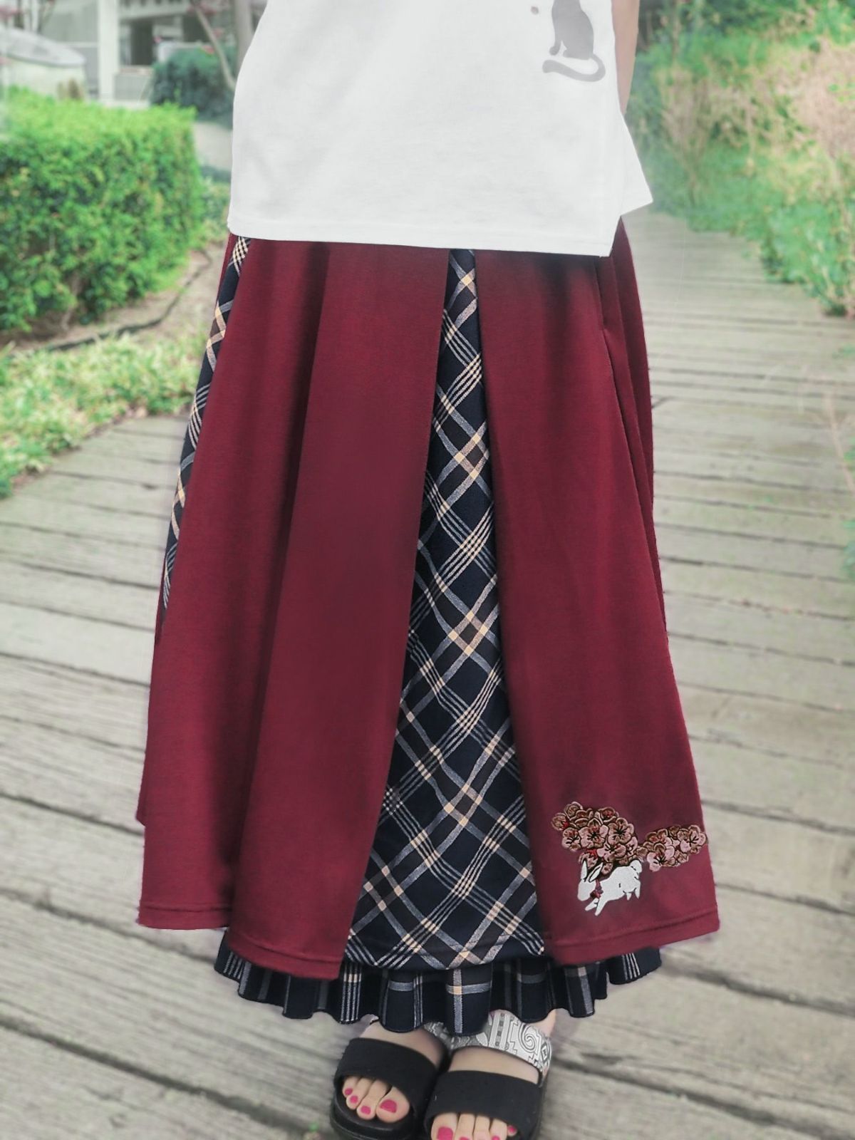 【雅結 -YuU-】“白ウサギと黒ネコ”チェック切替ロングスカート