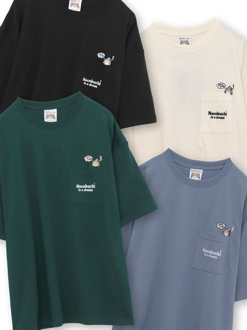 【NECOBUCHI-SAN】猫渕さん総刺繍BIGシルエット ポケット付きTシャツ